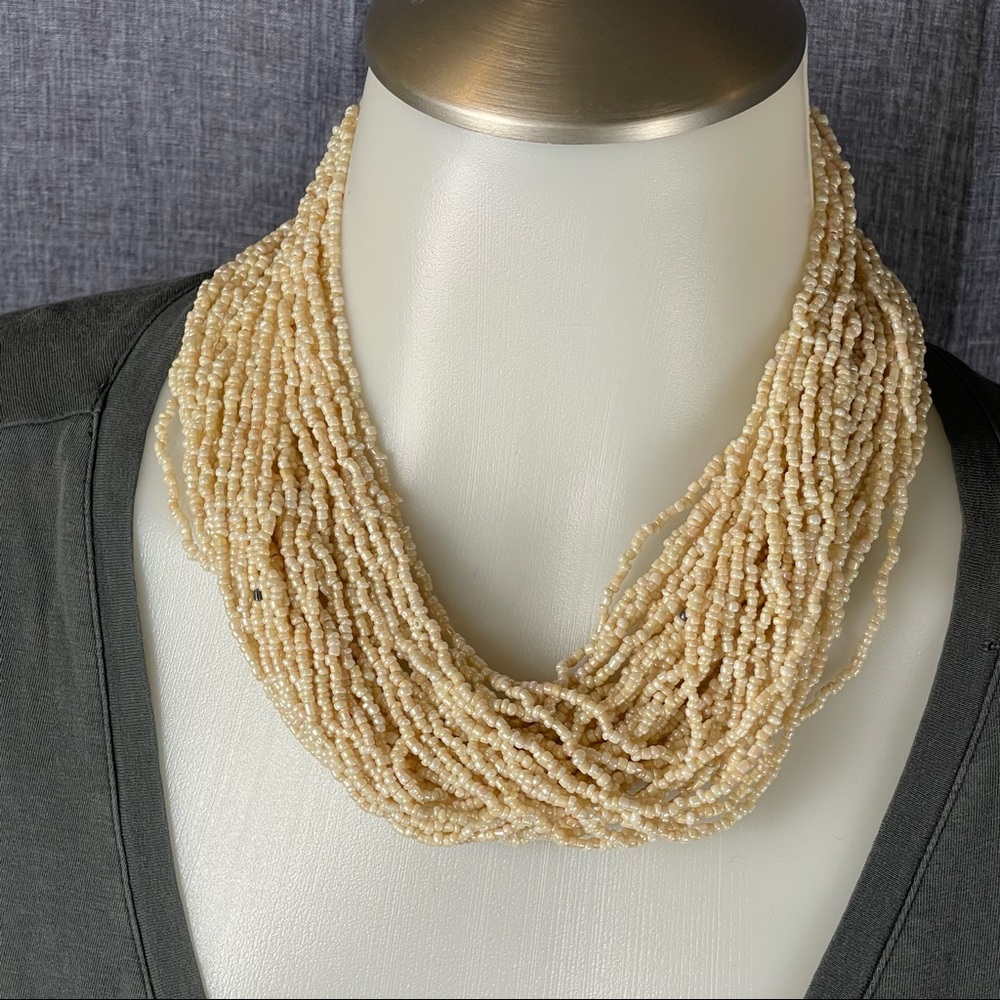 BOUTIQUE Cream Multi Strand Glass Seed Bead Woven Statement Necklace 42 Strands - Picture 6 of 13